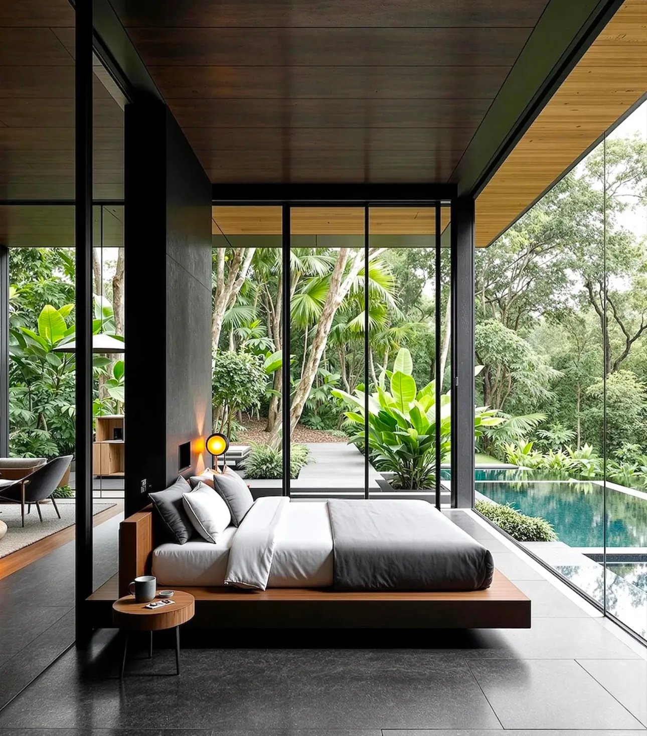 Double-height interior with natural materials