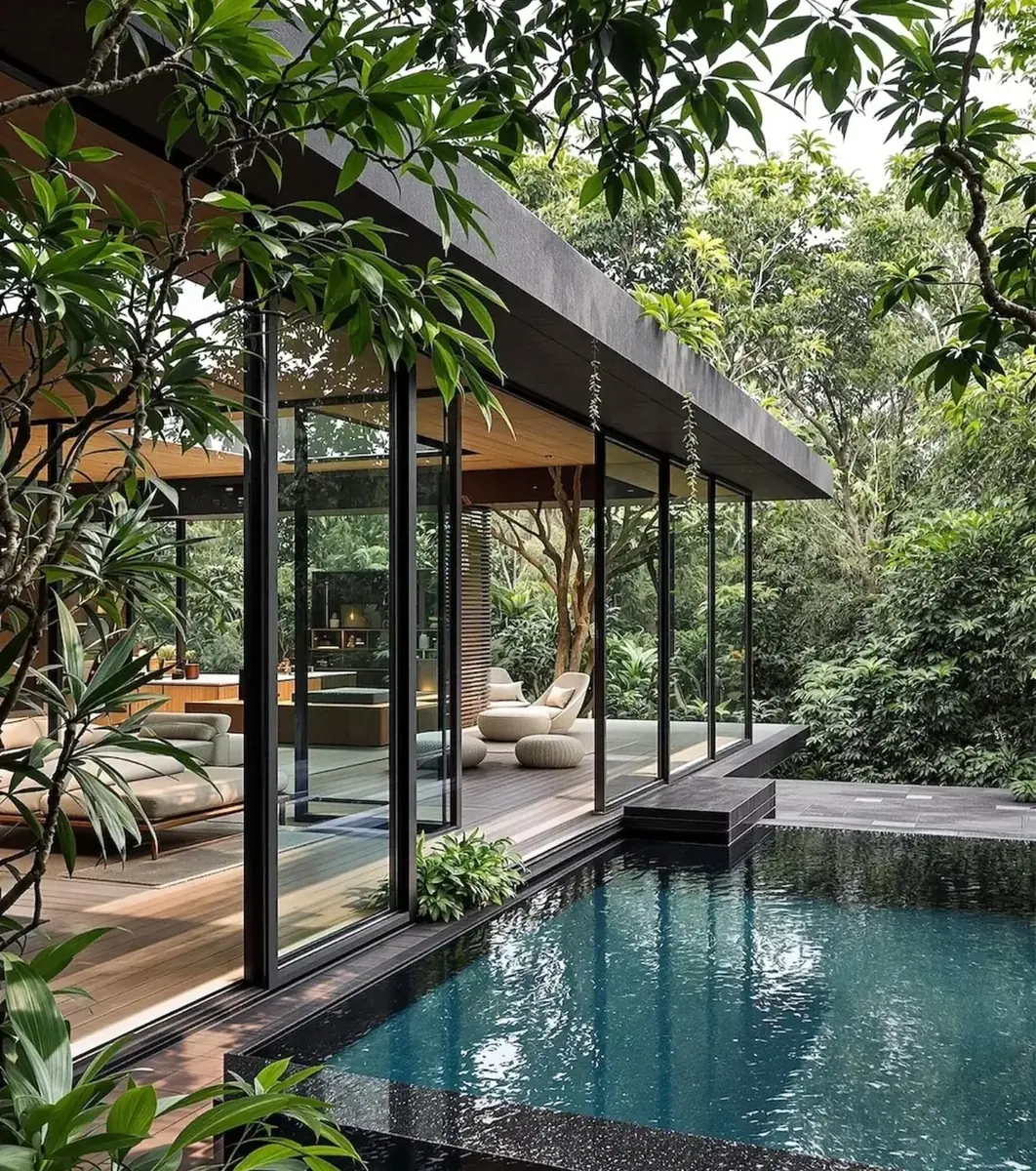 Terraza con piscina junto a la fachada de cristal