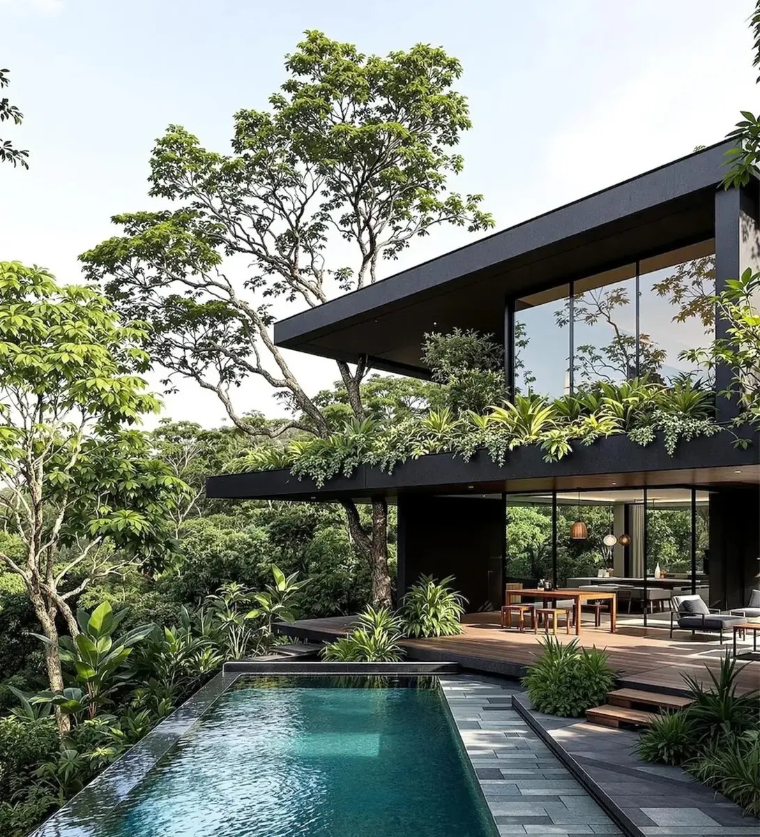 Villa con piscina rodeada de selva tropical