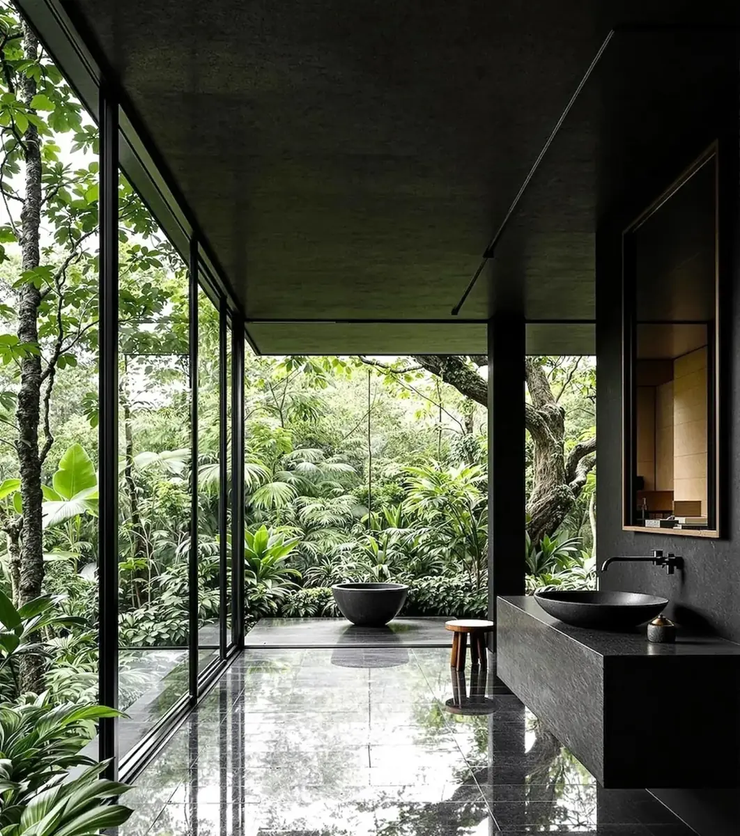 Baño con vista a la vegetación