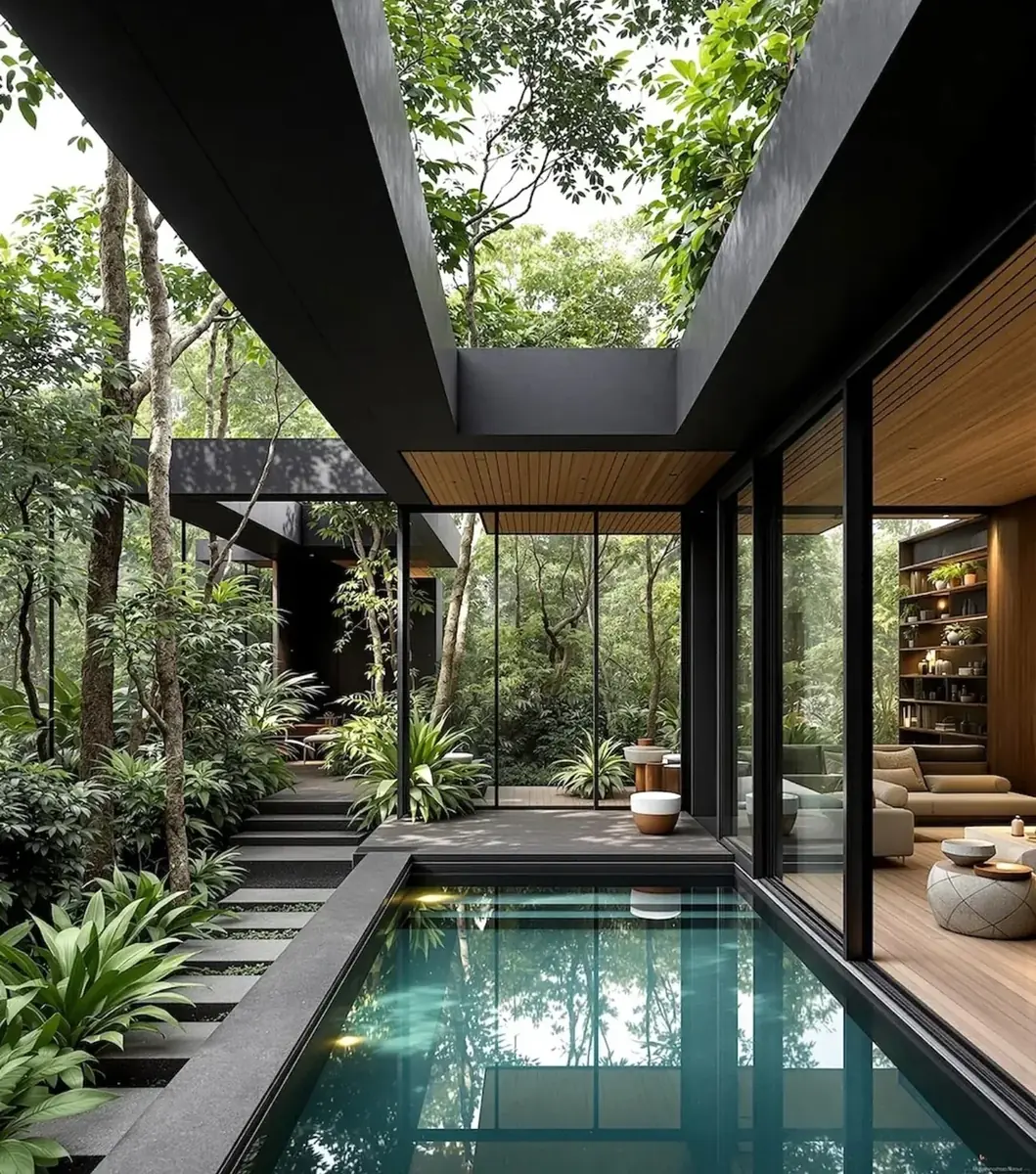 Piscina y salón exterior de una villa